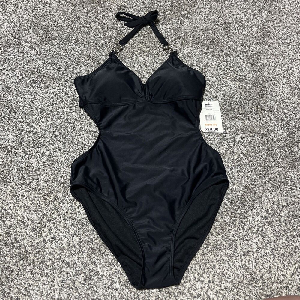 Faded Glory Women's Black Cut Out  Halter One Piece Swim Suit NWT